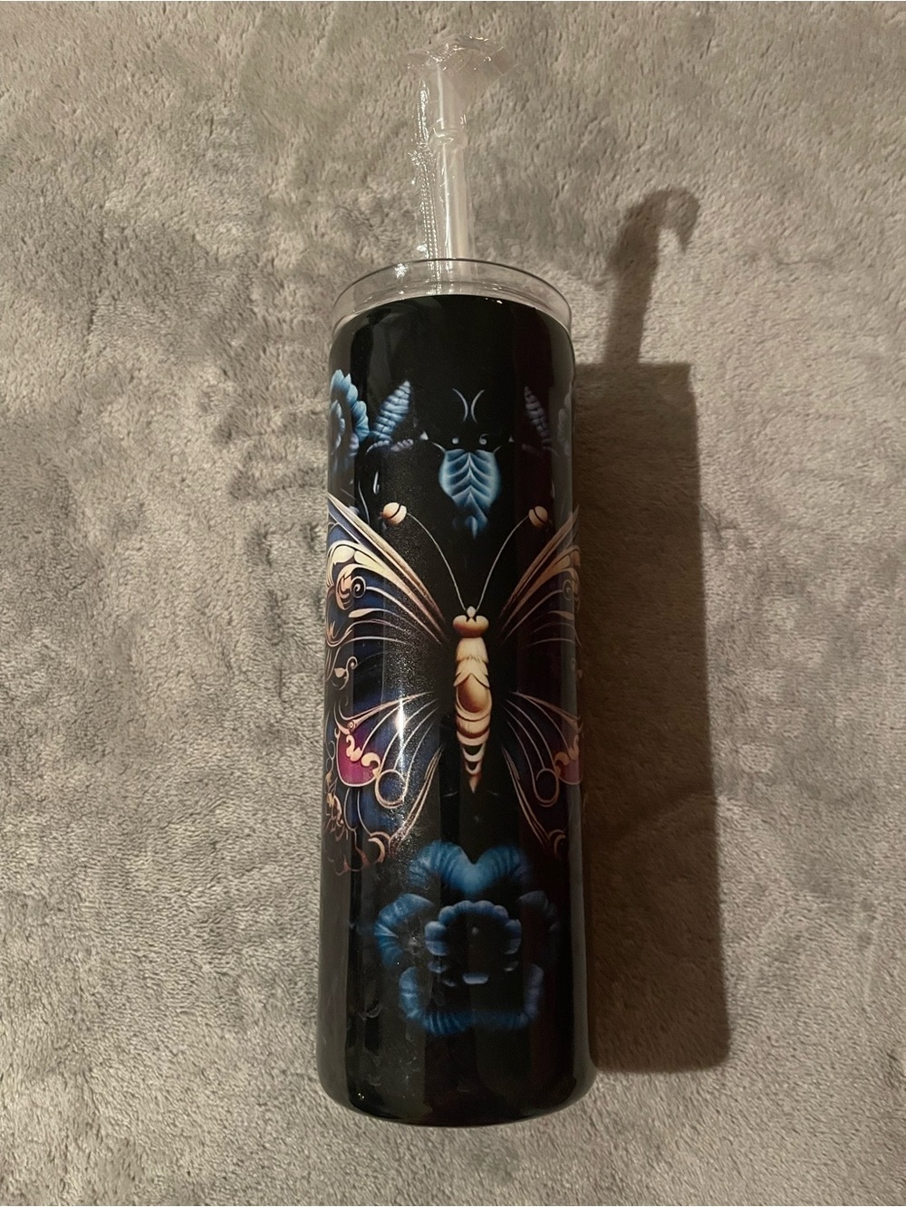 Source Unknown Black Tumbler with Butterfly and Blue Floral Accents